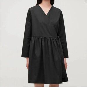 COS Black Long Sleeve V-Neck Poplin Wrap Dress Knee Length Size 10 100% Cotton